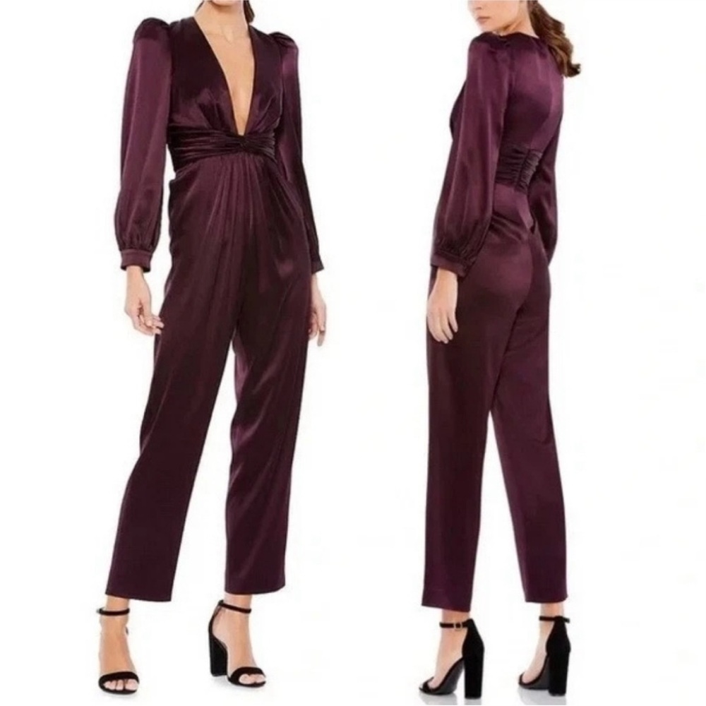 NWT Ieena for Mac Duggal Long Sleeve Ruched Plunging-Neck Jumpsuit Plum - Picture 3 of 10